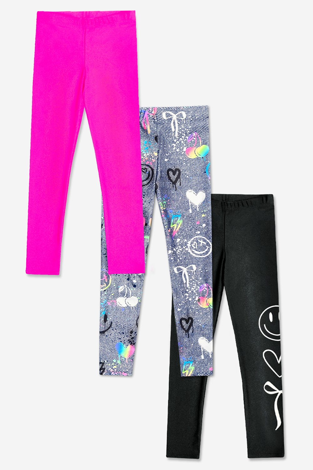 3-Pack High Shine Legging - Black White Smile | Fuchsia Pink | Charcoal Graffiti Elements
