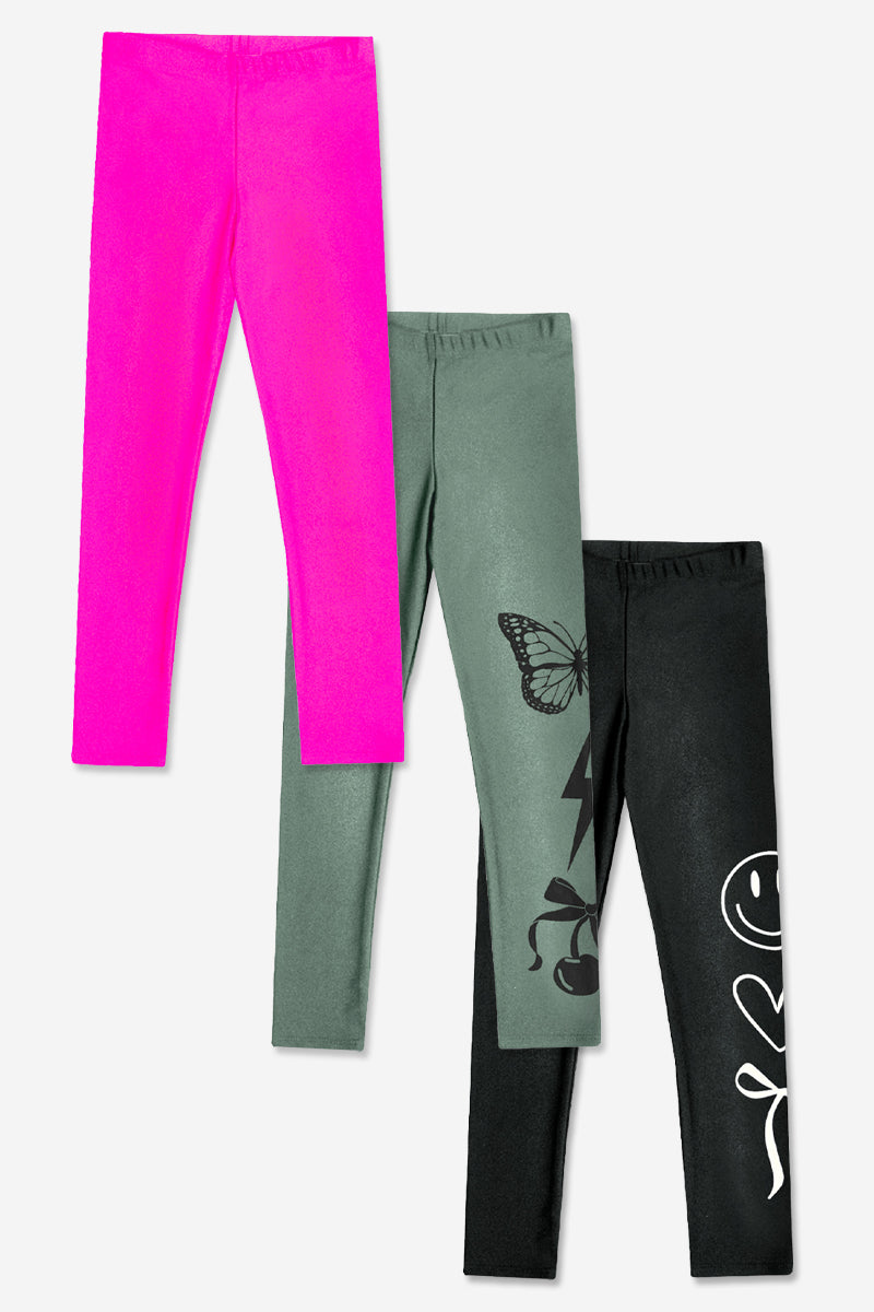 3-Pack High Shine Legging - Black White Smile | Fuchsia Pink | Charcoal Graffiti Elements