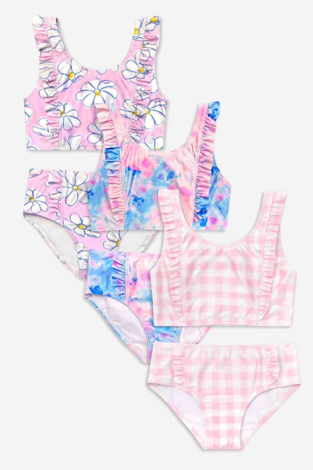 3 Pack Ruffle Two Piece Swimsuit - Pink Blue Watercolor Rose | Lt Pink Gingham | Strawberry Leopard