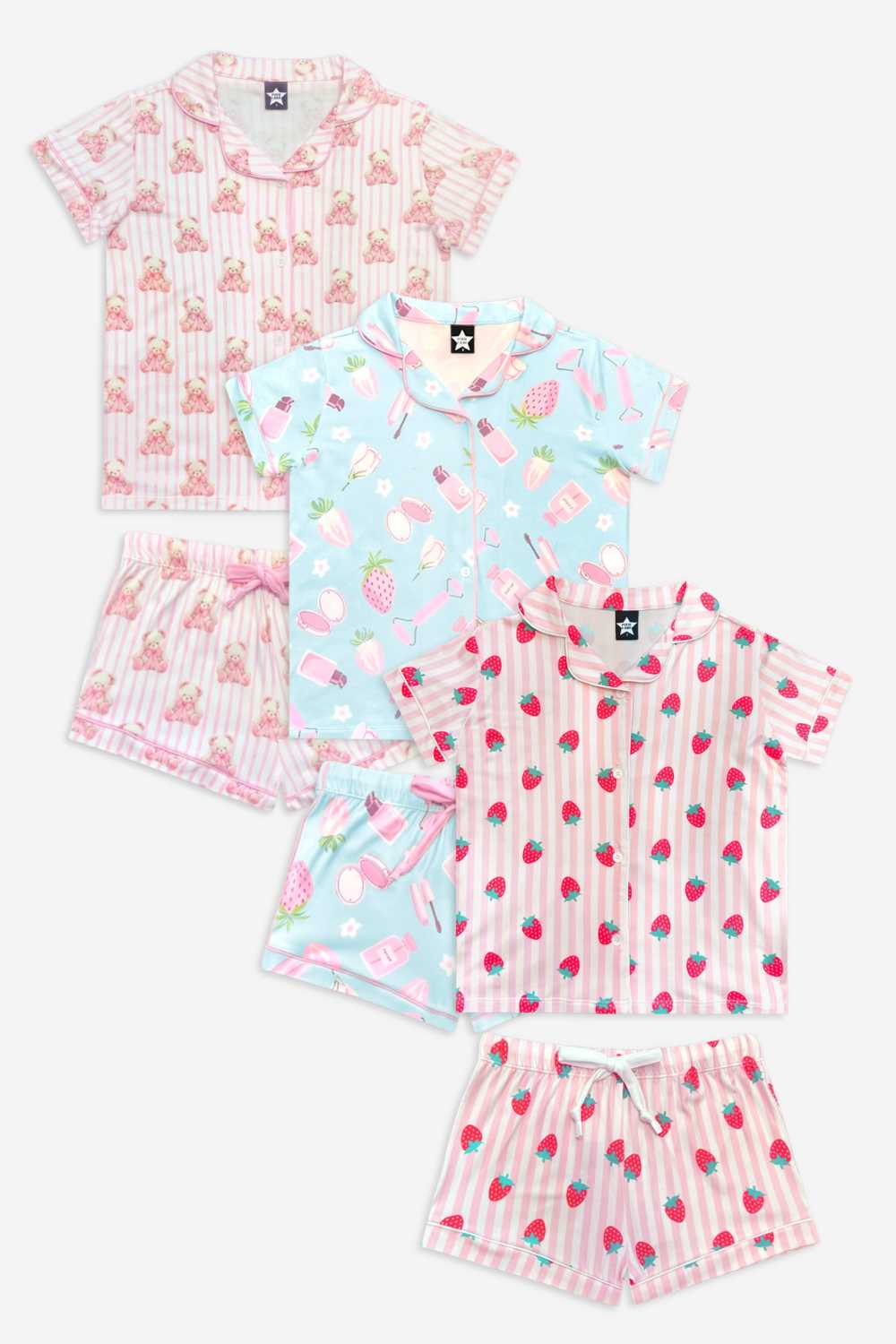 3 Pack - Short Sleeve Simply Soft Button Down Top & Short - Sage Pink Makeup | Ivory Pink Stripe Bear Bow | Pink Ivory Striped Strawberry