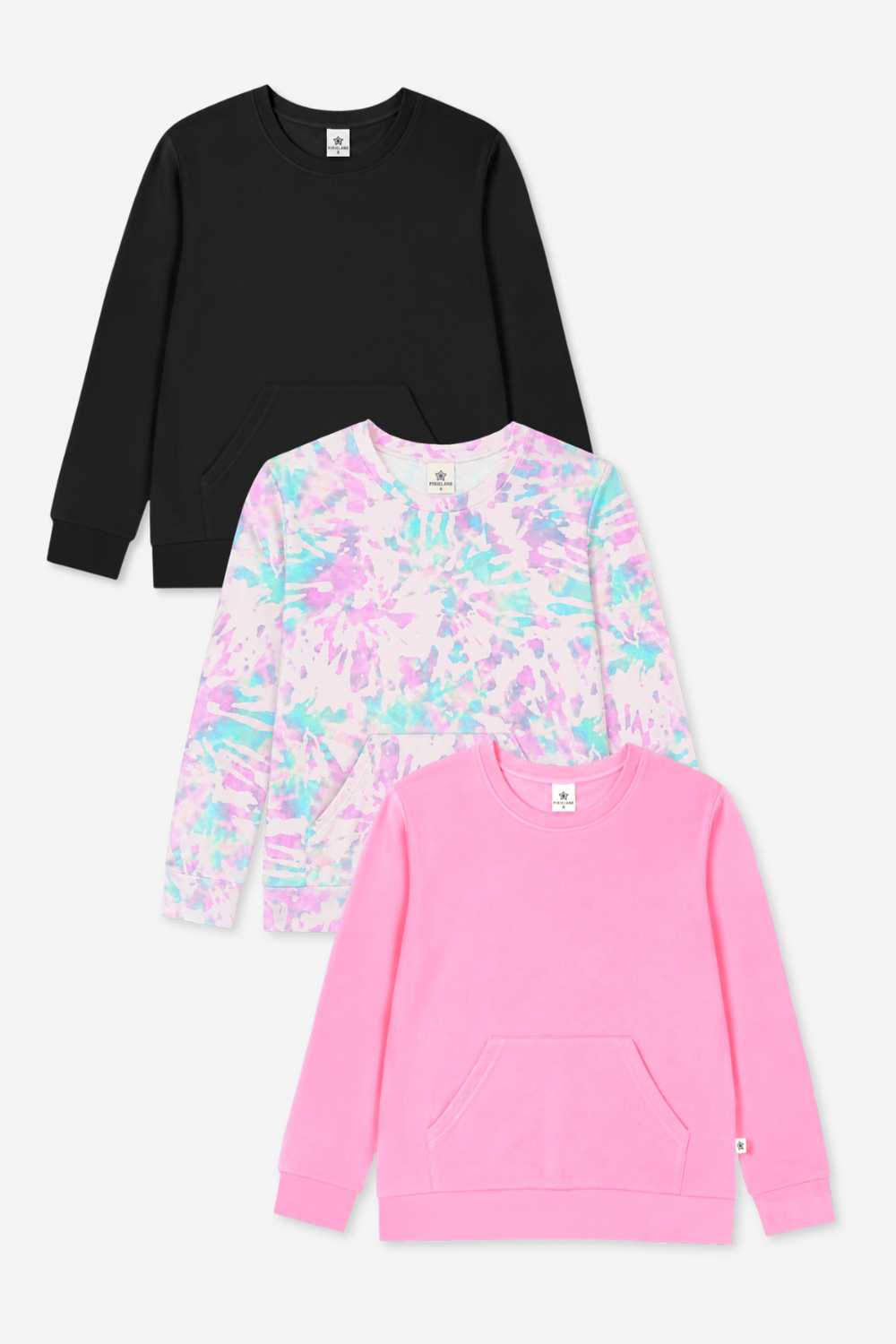 3 Pack Simply Soft Kanga Pocket Crew Top - Black | Blush Tie Dye | Neon Pink - NEW!