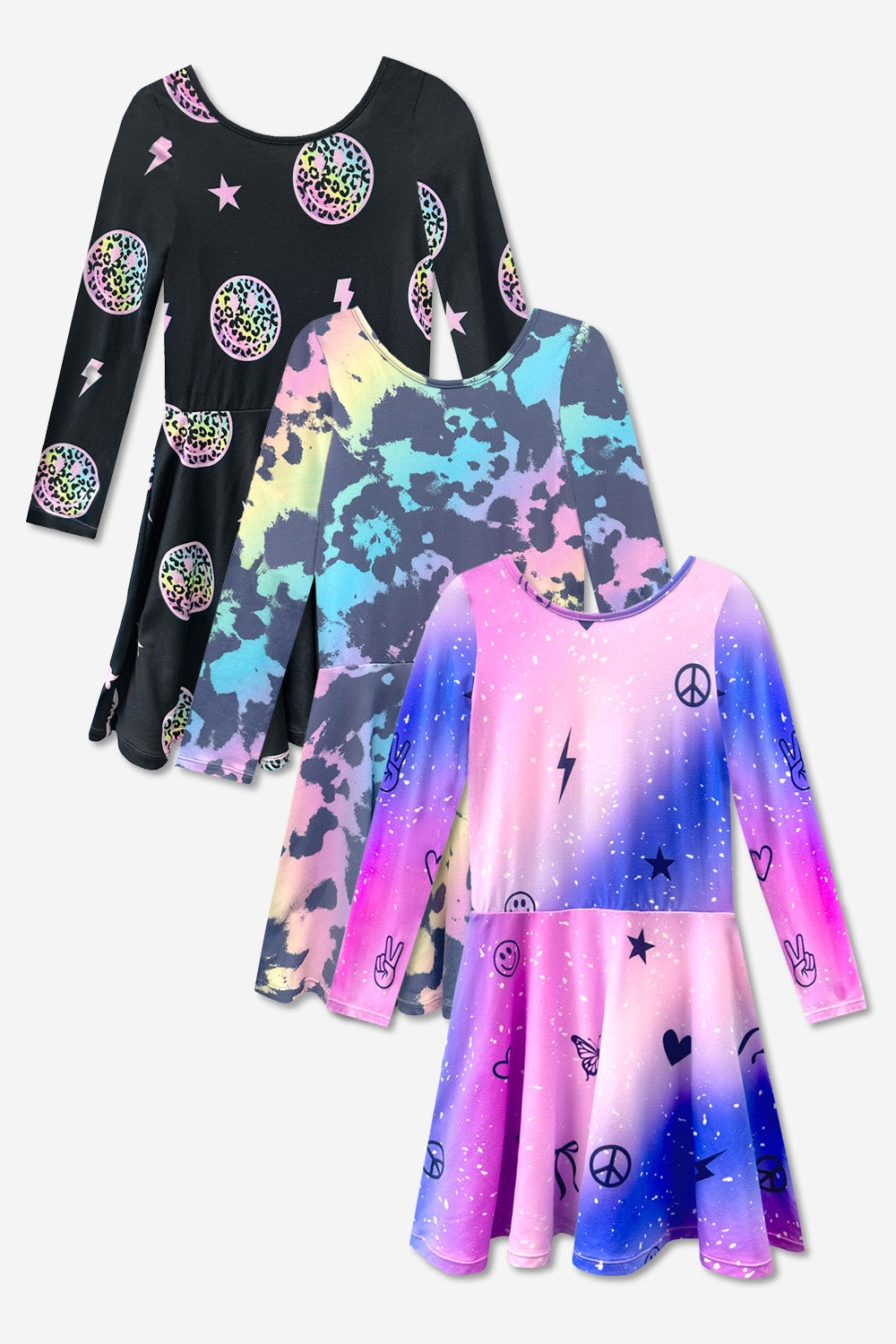 3-Pack Simply Soft L/S Dress - Black Smile | Purple Pink Elements | Rainbow Star