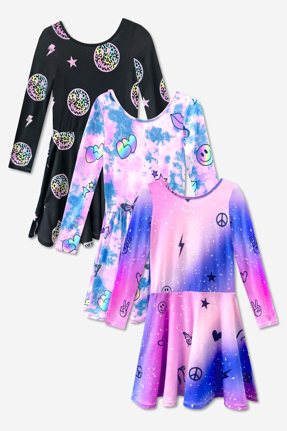 3-Pack Simply Soft L/S Dress - Black Smile | Purple Pink Elements | Rainbow Star