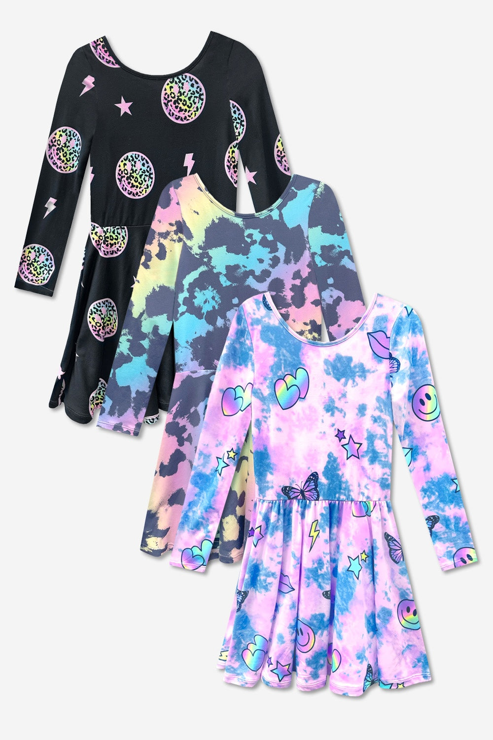 3-Pack Simply Soft L/S Dress - Black Smile | Purple Pink Elements | Rainbow Star
