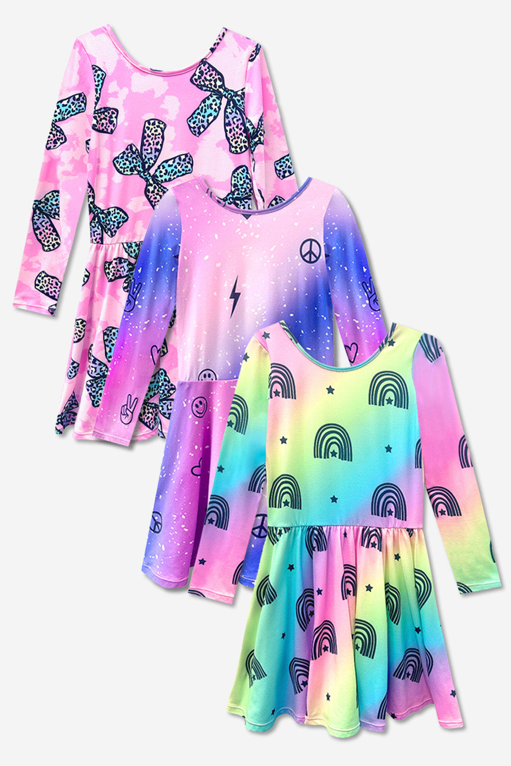 3-Pack Simply Soft L/S Dress - Black Smile | Purple Pink Elements | Rainbow Star