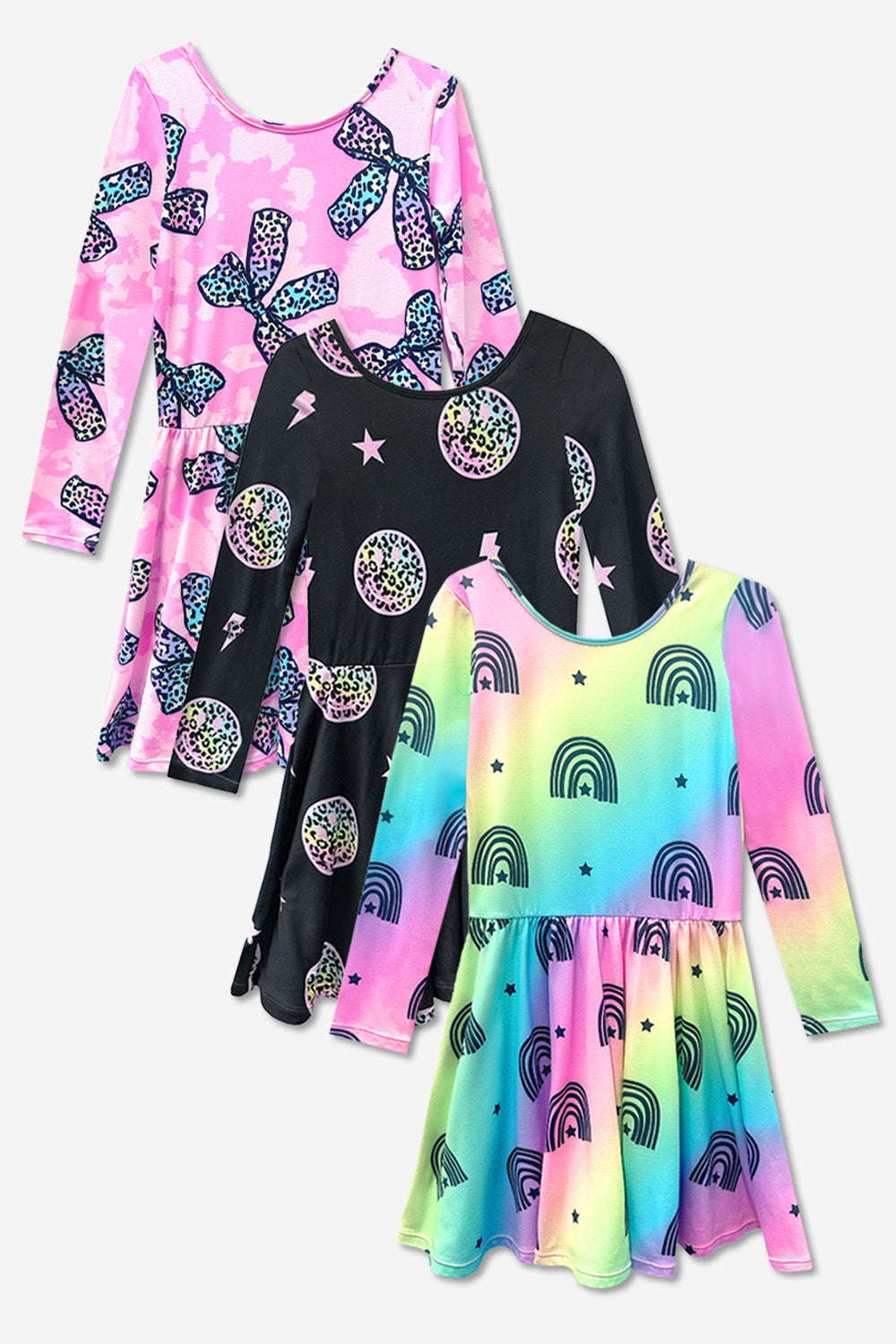 3-Pack Simply Soft L/S Dress - Black Smile | Purple Pink Elements | Rainbow Star