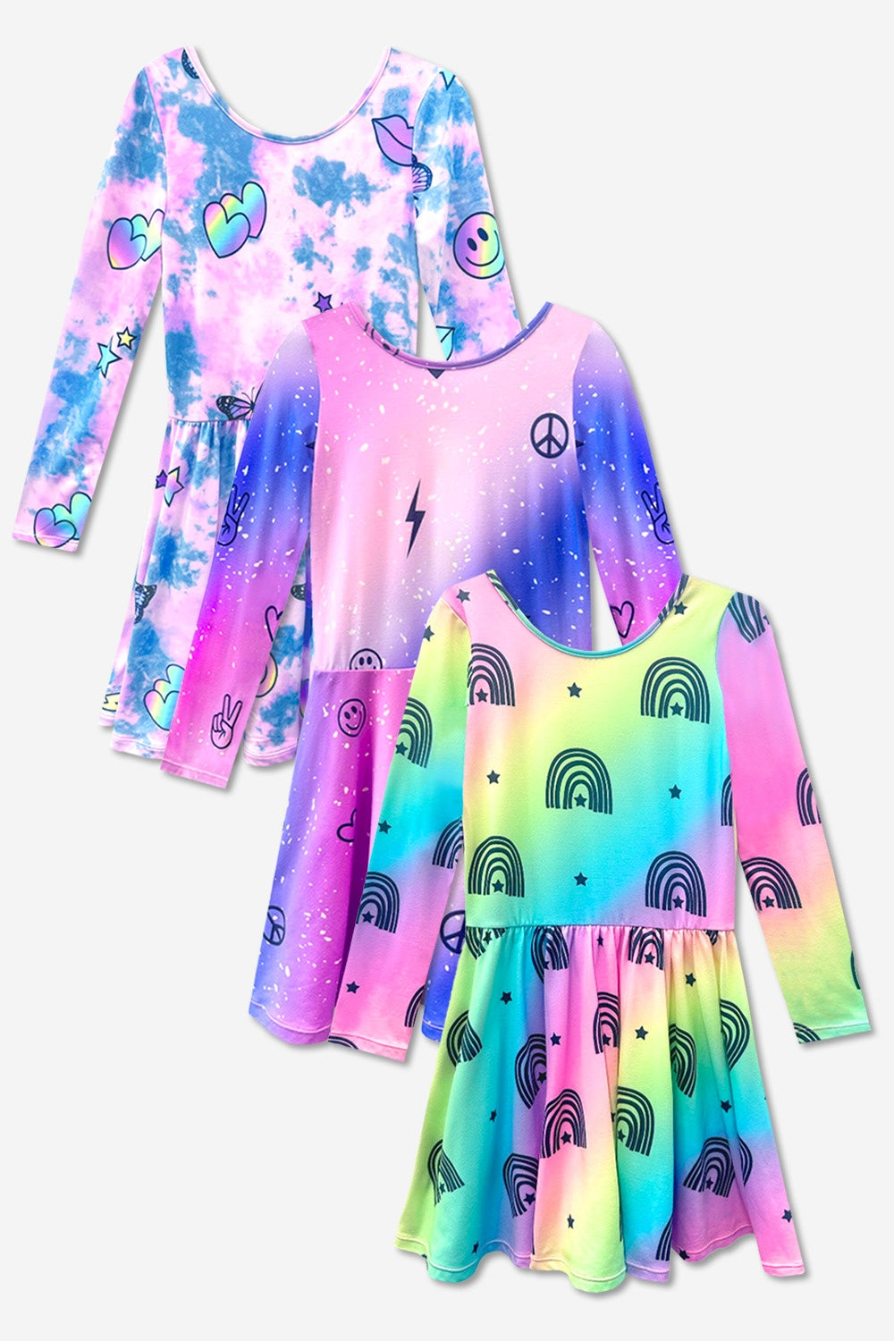 3-Pack Simply Soft L/S Dress - Black Smile | Purple Pink Elements | Rainbow Star