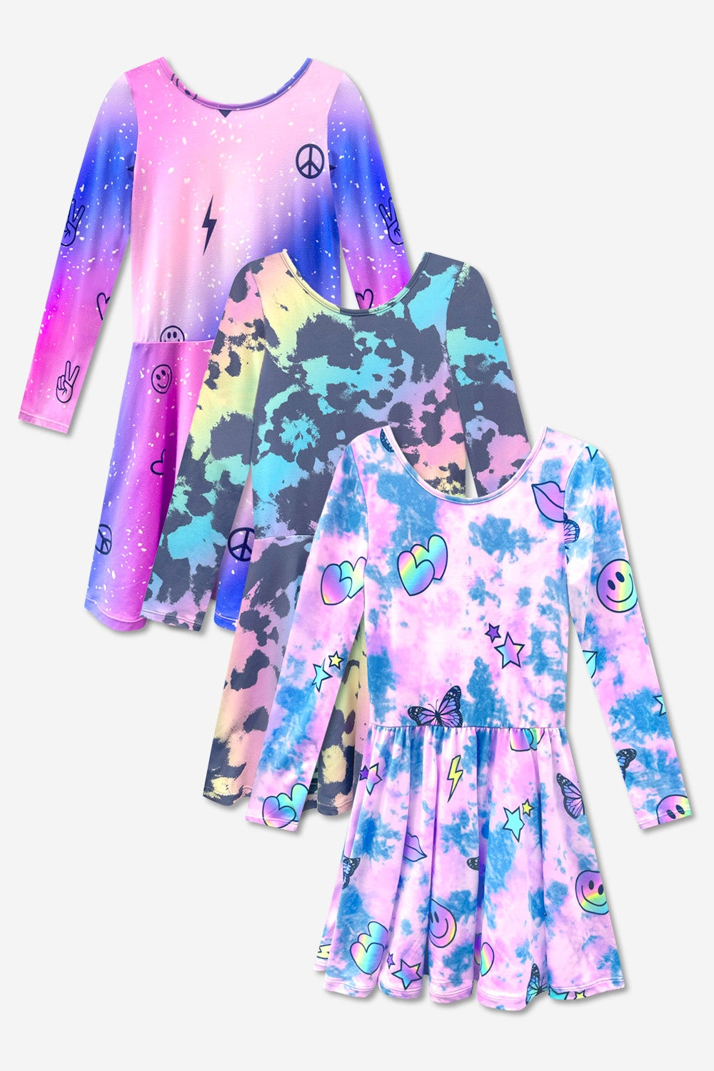 3-Pack Simply Soft L/S Dress - Black Smile | Purple Pink Elements | Rainbow Star