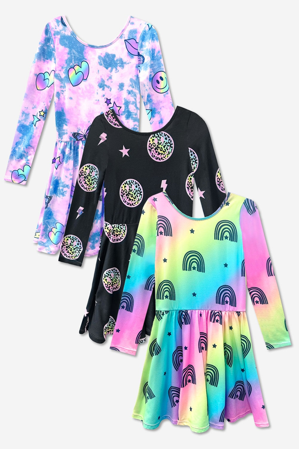3-Pack Simply Soft L/S Dress - Black Smile | Purple Pink Elements | Rainbow Star