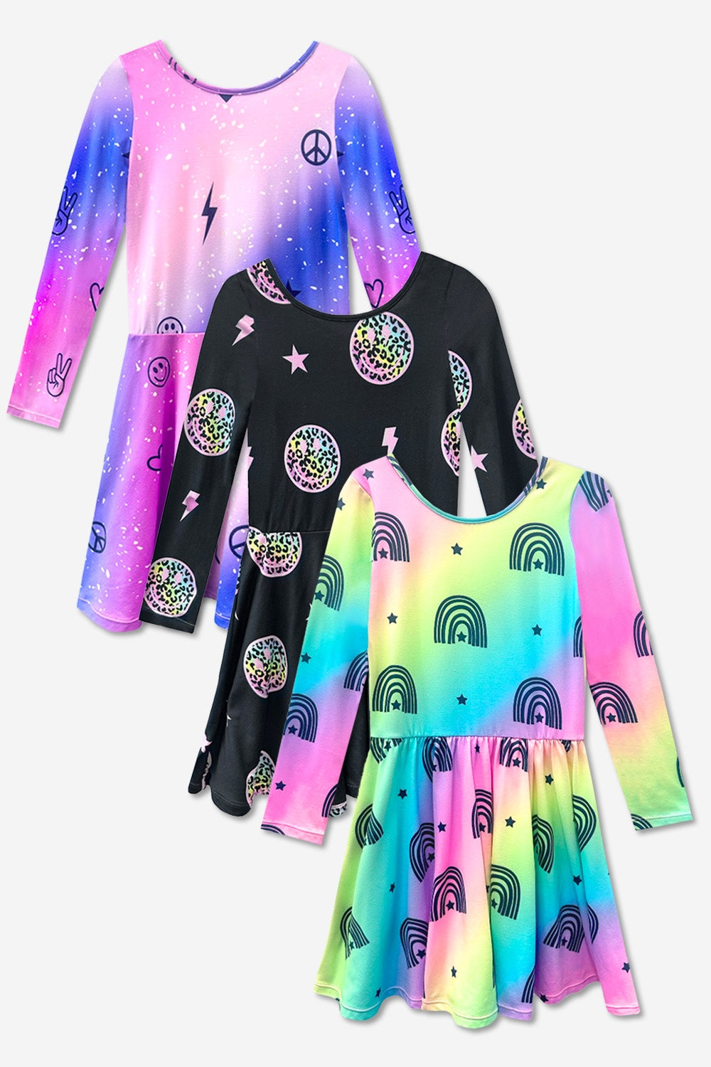 3-Pack Simply Soft L/S Dress - Black Smile | Purple Pink Elements | Rainbow Star