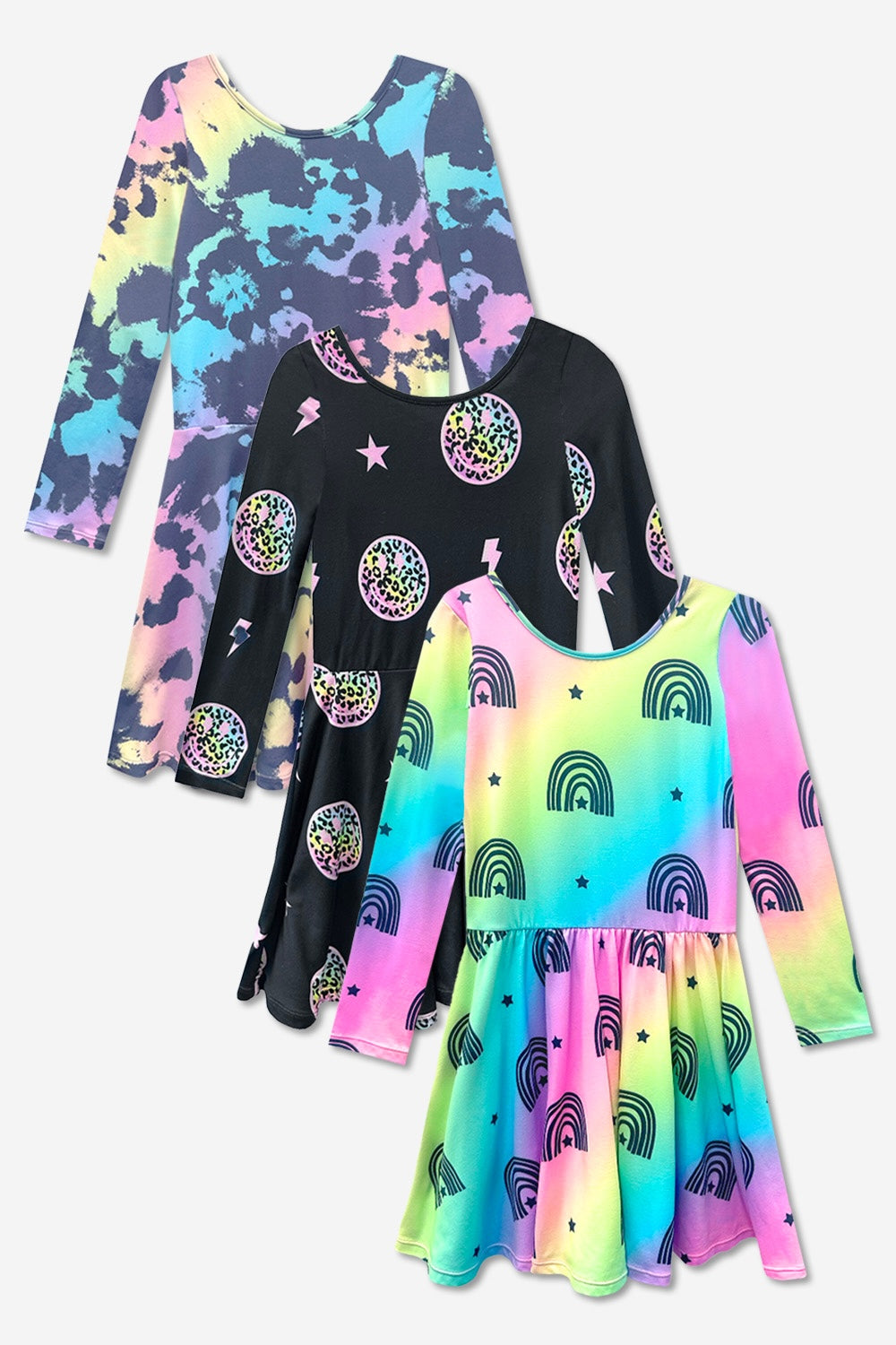 3-Pack Simply Soft L/S Dress - Black Smile | Purple Pink Elements | Rainbow Star