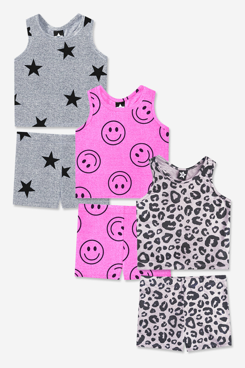 3-Pack Simply Soft Luxe Cropped Racerback Tank & Tumble Short - Light Blue Smile Star | Neon Pink Rainbow Heart | Steel Black Peace Heart