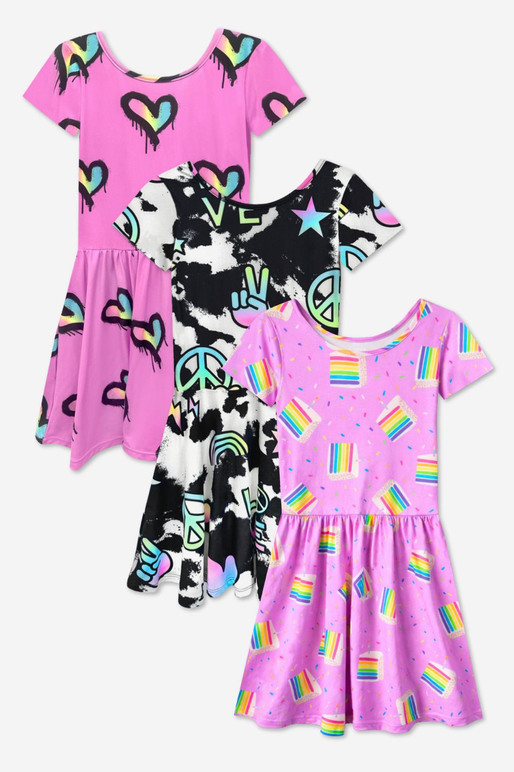 3-Pack Simply Soft Short Sleeve Dress - Lt Blue Neon Pink | Denim Leopard Splatter | Pink Strawberry Daisy