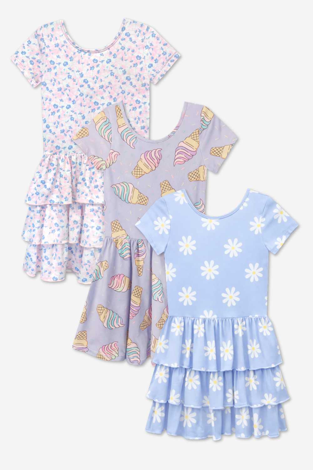 3-Pack Simply Soft Short Sleeve Dress - Lt Blue Neon Pink | Denim Leopard Splatter | Pink Strawberry Daisy