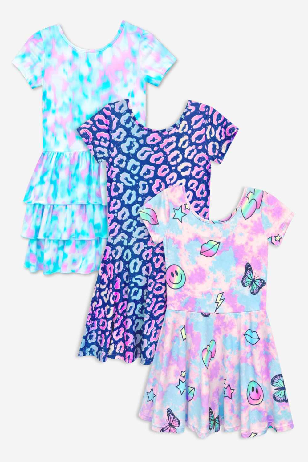 3-Pack Simply Soft Short Sleeve Dress - Lt Blue Neon Pink | Denim Leopard Splatter | Pink Strawberry Daisy