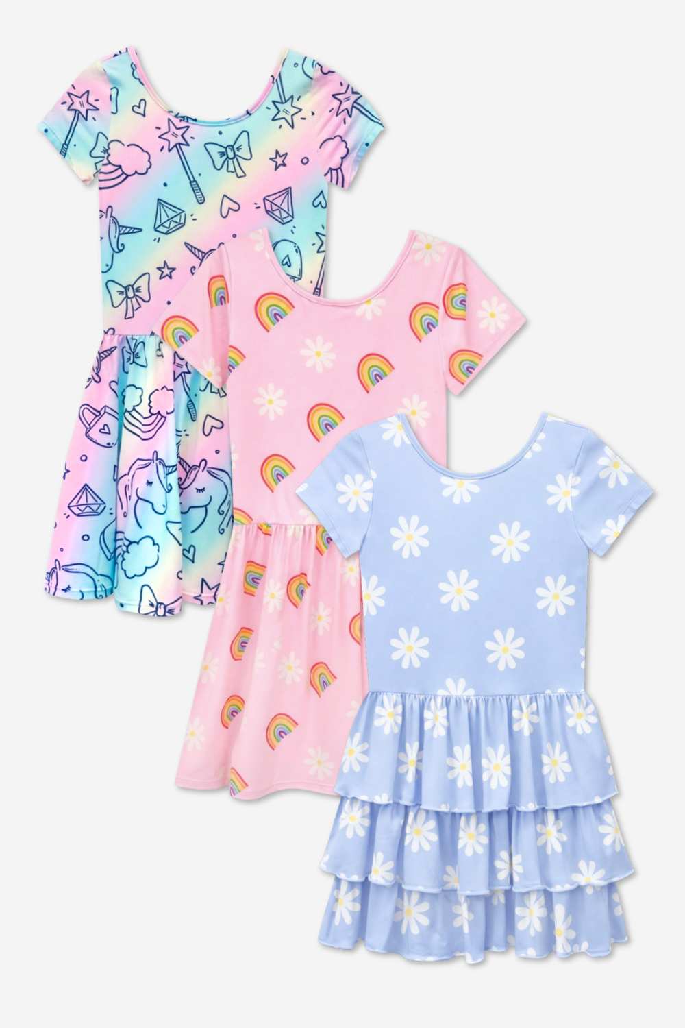 3-Pack Simply Soft Short Sleeve Dress - Lt Blue Neon Pink | Denim Leopard Splatter | Pink Strawberry Daisy