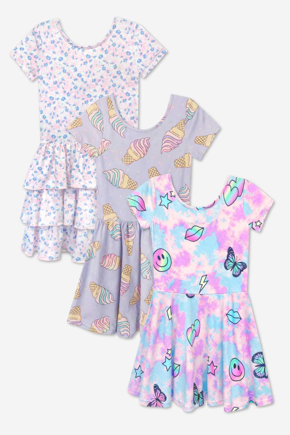 3-Pack Simply Soft Short Sleeve Dress - Lt Blue Neon Pink | Denim Leopard Splatter | Pink Strawberry Daisy