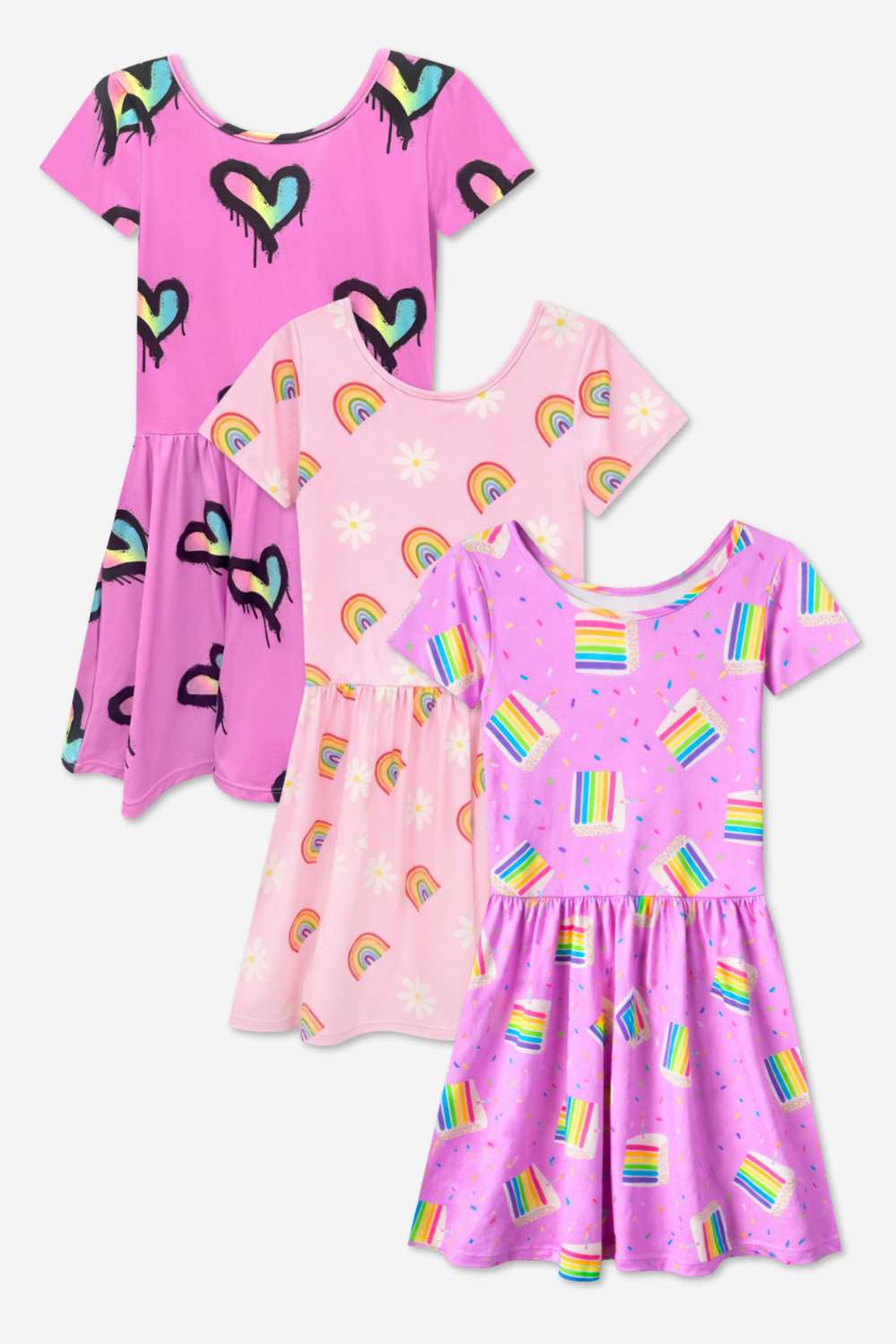 3-Pack Simply Soft Short Sleeve Dress - Lt Blue Neon Pink | Denim Leopard Splatter | Pink Strawberry Daisy