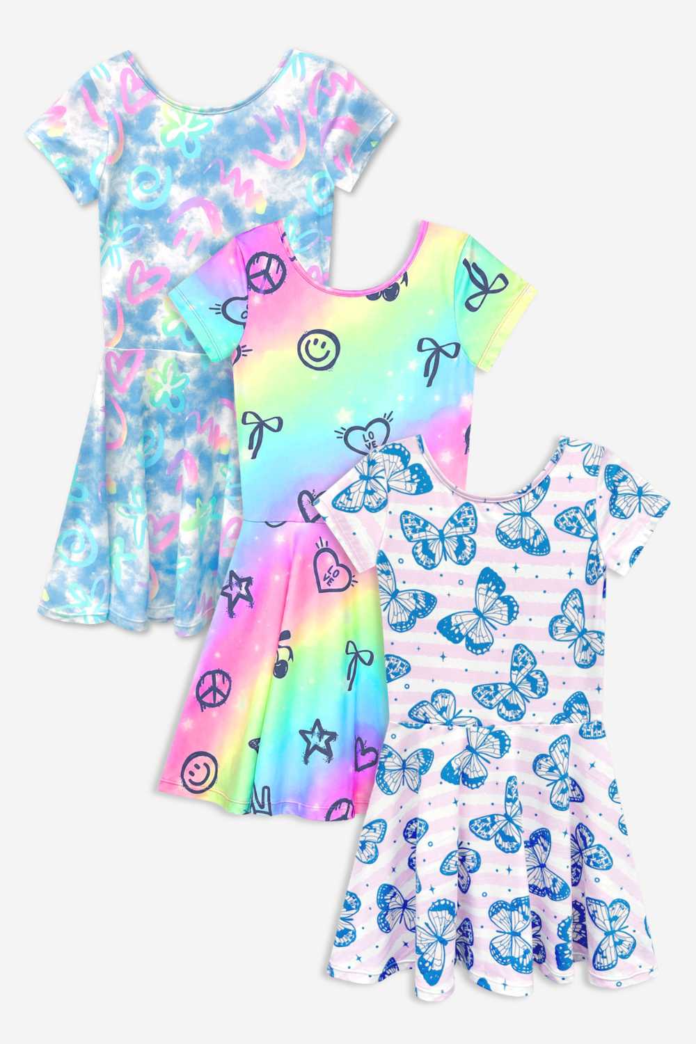 3-Pack Simply Soft Short Sleeve Skater Dress - Denim Rainbow | Pink Ivory Stripe | Rainbow Graffiti Elements - NEW!