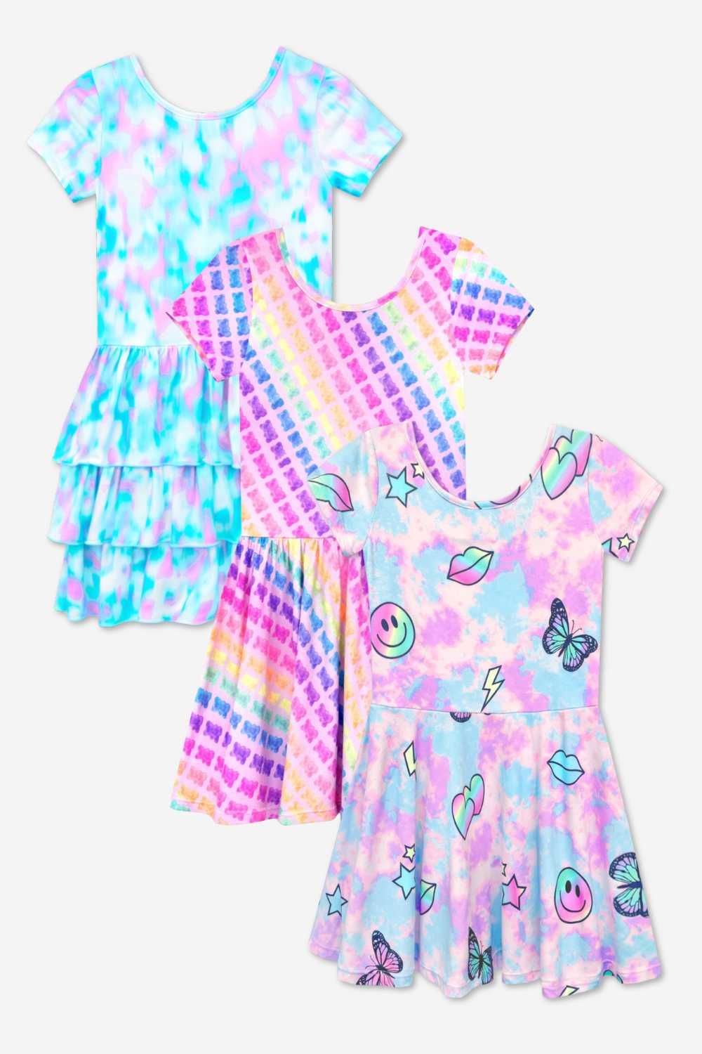 3-Pack Simply Soft Short Sleeve Dress - Lt Blue Neon Pink | Denim Leopard Splatter | Pink Strawberry Daisy