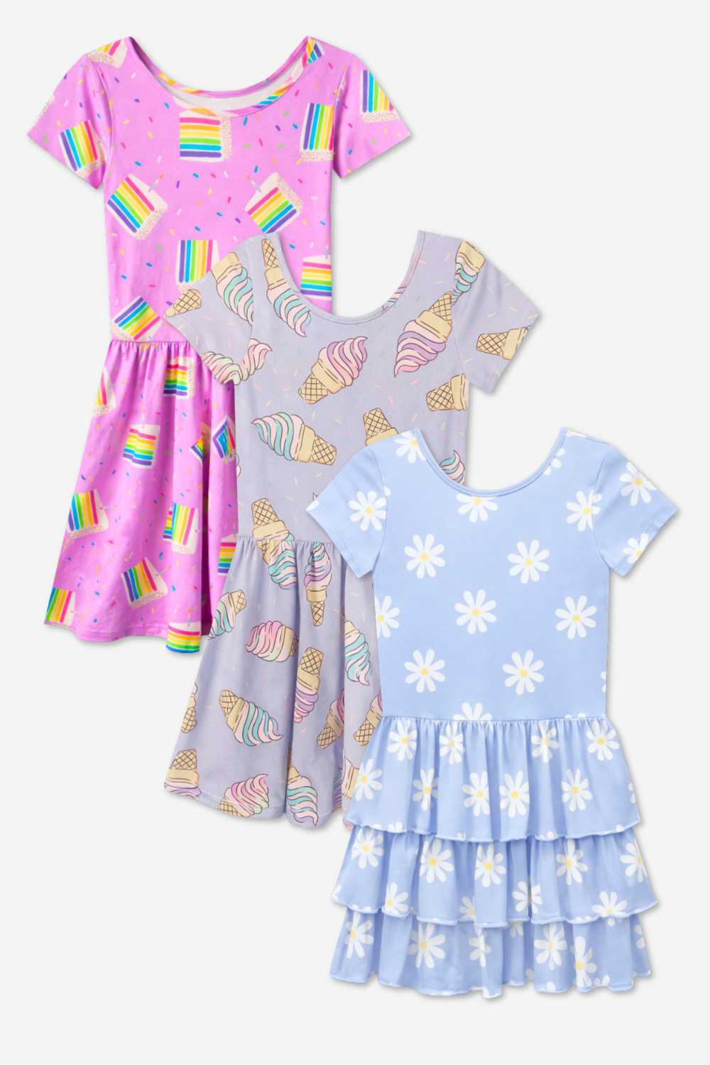 3-Pack Simply Soft Short Sleeve Dress - Lt Blue Neon Pink | Denim Leopard Splatter | Pink Strawberry Daisy