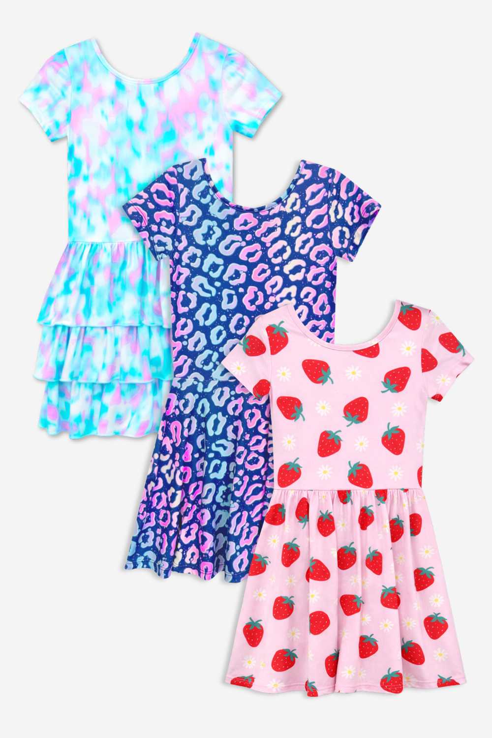 3-Pack Simply Soft Short Sleeve Dress - Lt Blue Neon Pink | Denim Leopard Splatter | Pink Strawberry Daisy