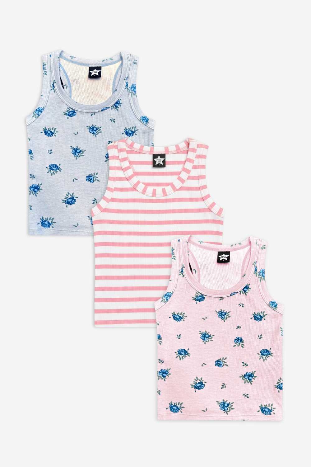 3 Pack Ultra-Soft Ribbed Scoop Racer Tank - Lt Blue Ditsy Floral | Lt Pink Ditsy Floral | Ivory Pink Stripe