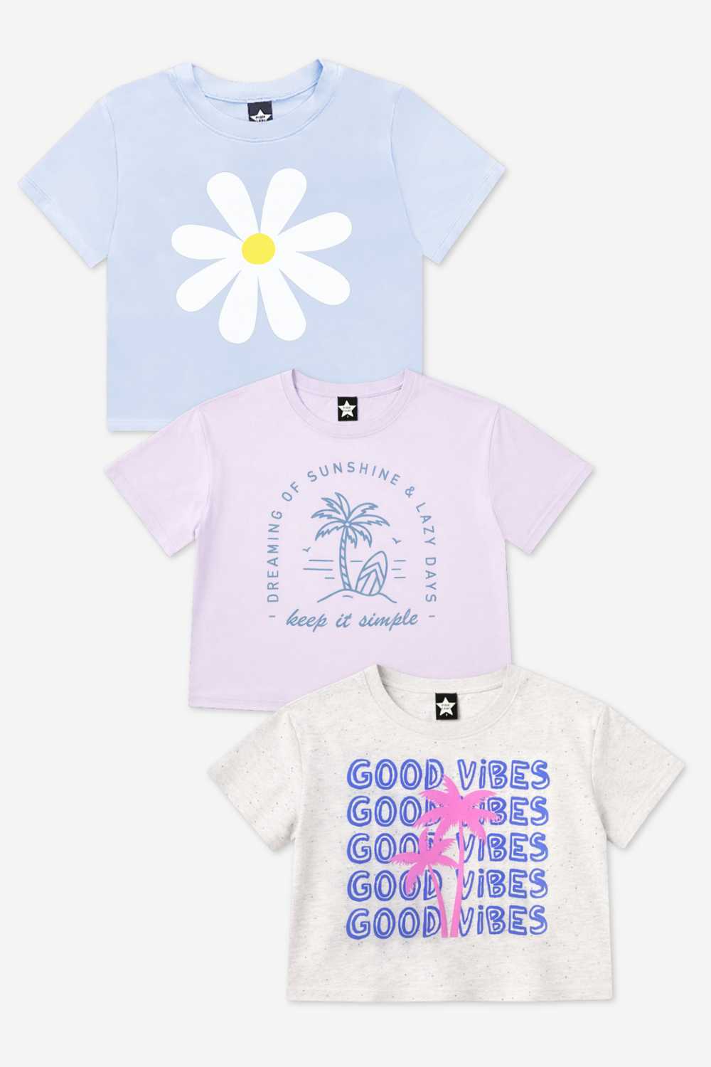 3-Pack Washed Cotton Drop Shoulder Tee - Denim Floral | Lt Pink USA | Blue Vintage Daisy - NEW!