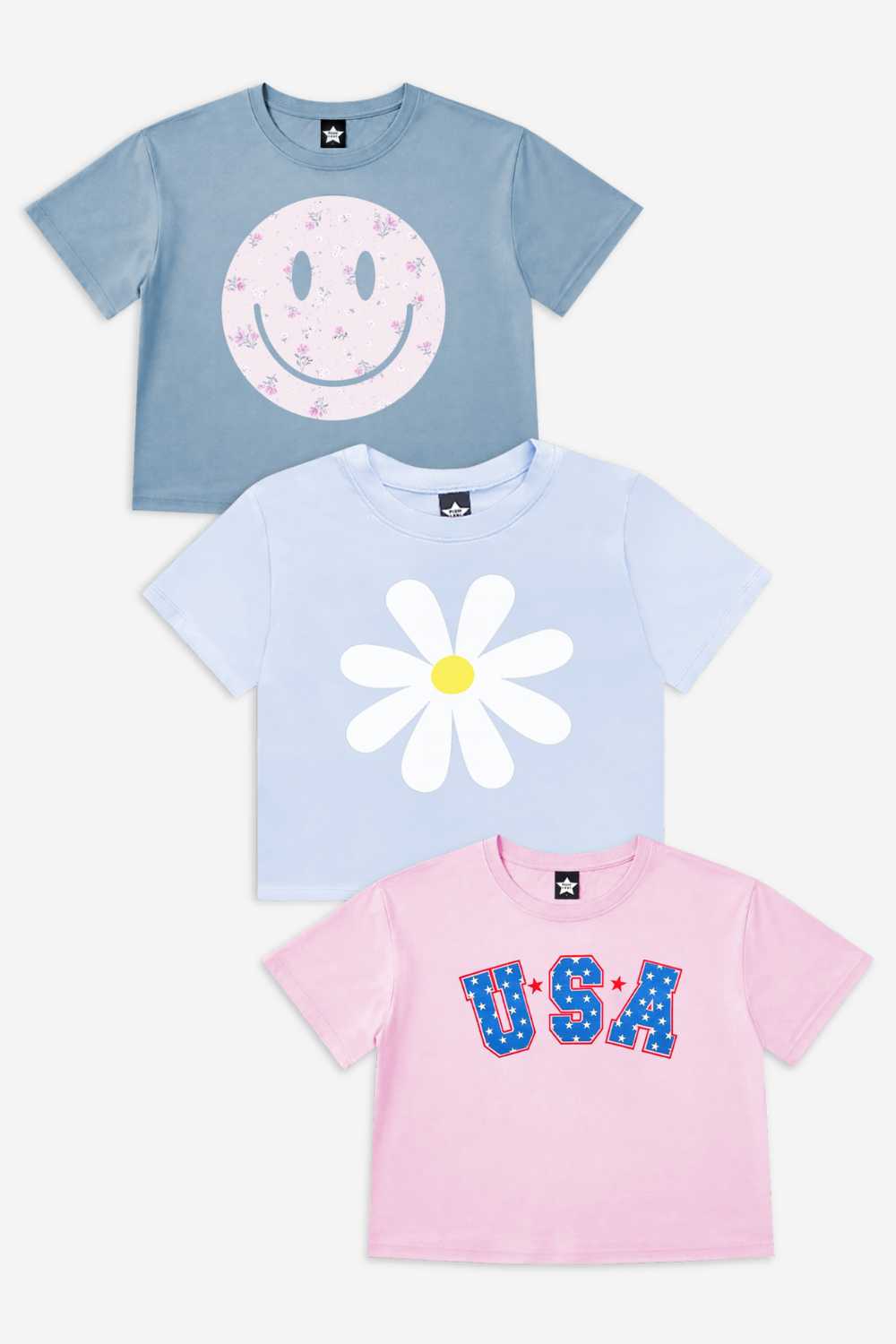 3-Pack Washed Cotton Drop Shoulder Tee - Denim Floral | Lt Pink USA | Blue Vintage Daisy - NEW!