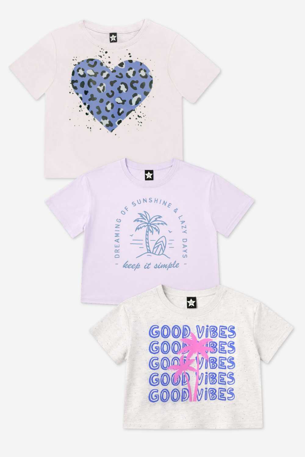 3-Pack Washed Cotton Drop Shoulder Tee - Denim Floral | Lt Pink USA | Blue Vintage Daisy - NEW!