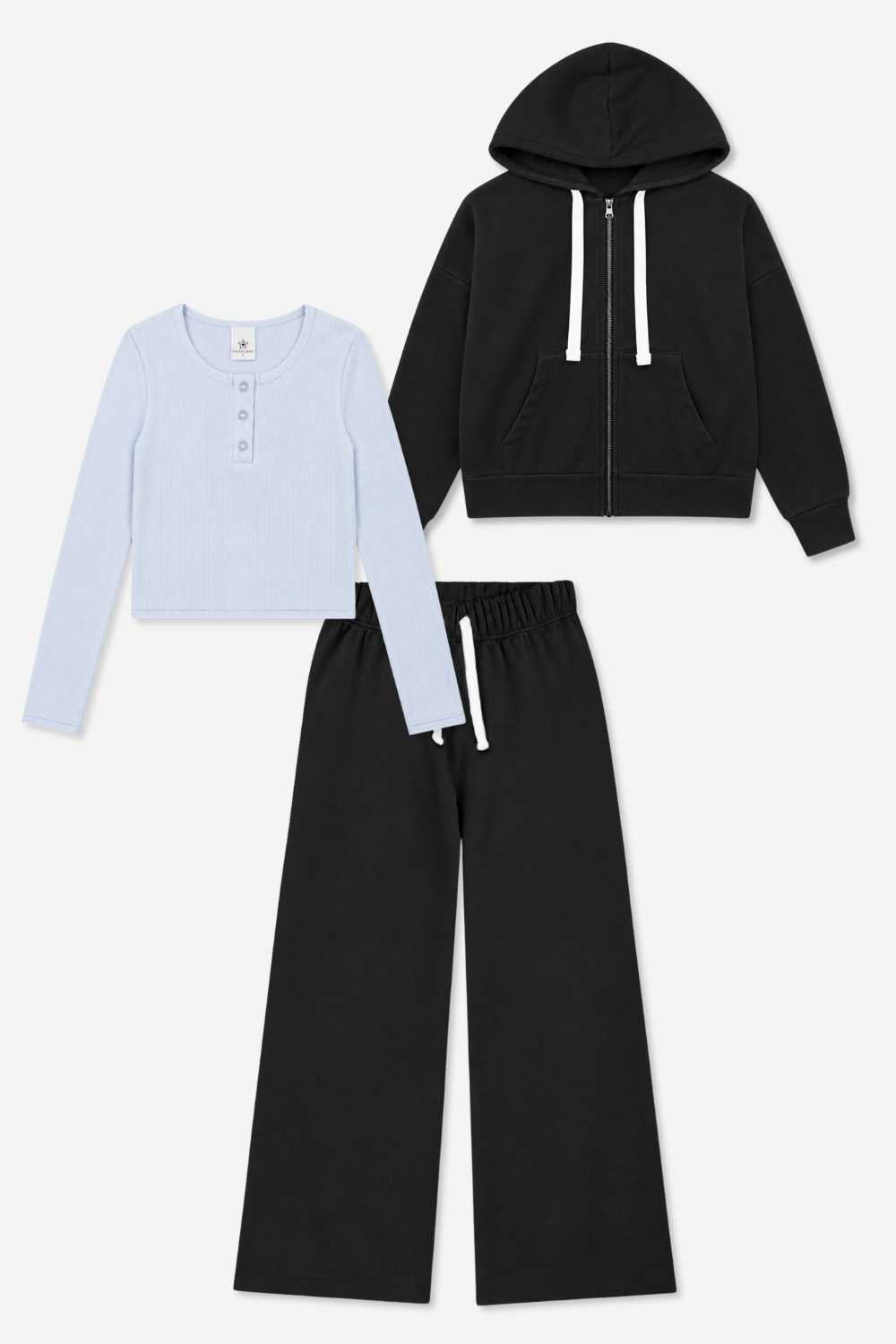 3-Pack Zip Hoodie, Wide Leg & Henley Set - Black | Powder Blue - NEW!
