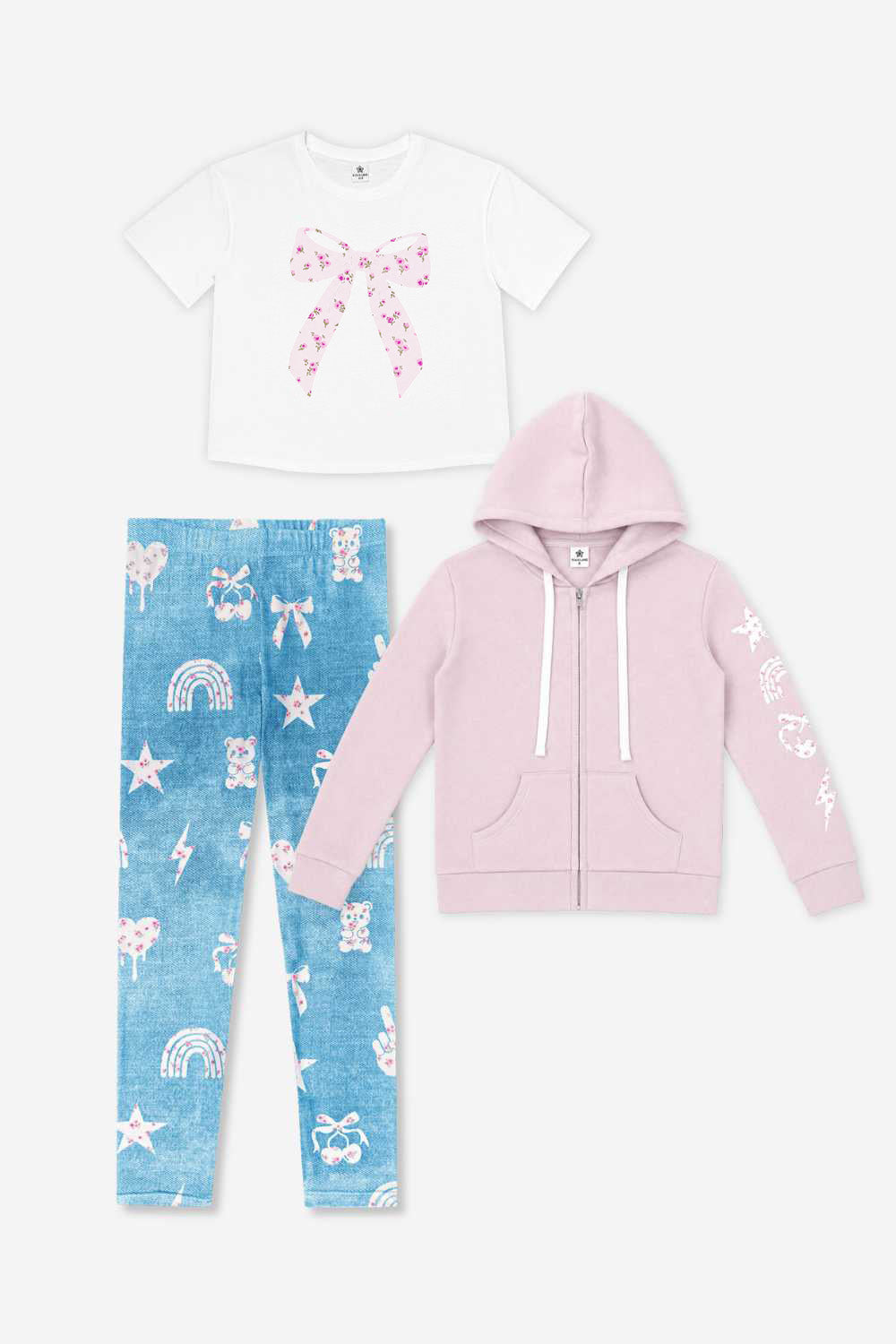 3 Pack Pretty Pink Floral Tshirt, Hoodie & Legging Set - Pretty Pink Bows & Floral Emojis - NEW!