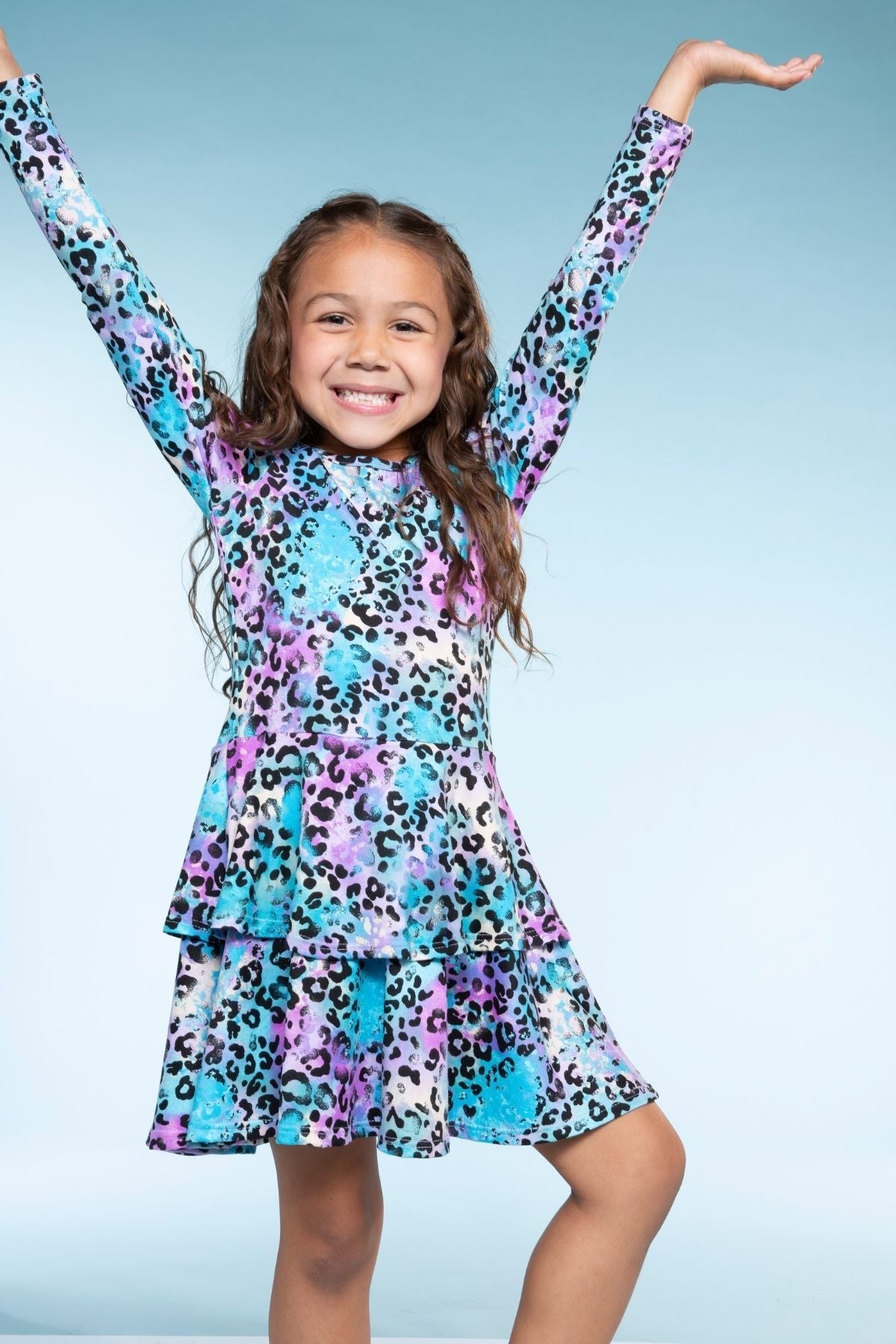 Simply Soft Long Sleeve Ruffle Skirt Dress - Black Rainbow Hearts
