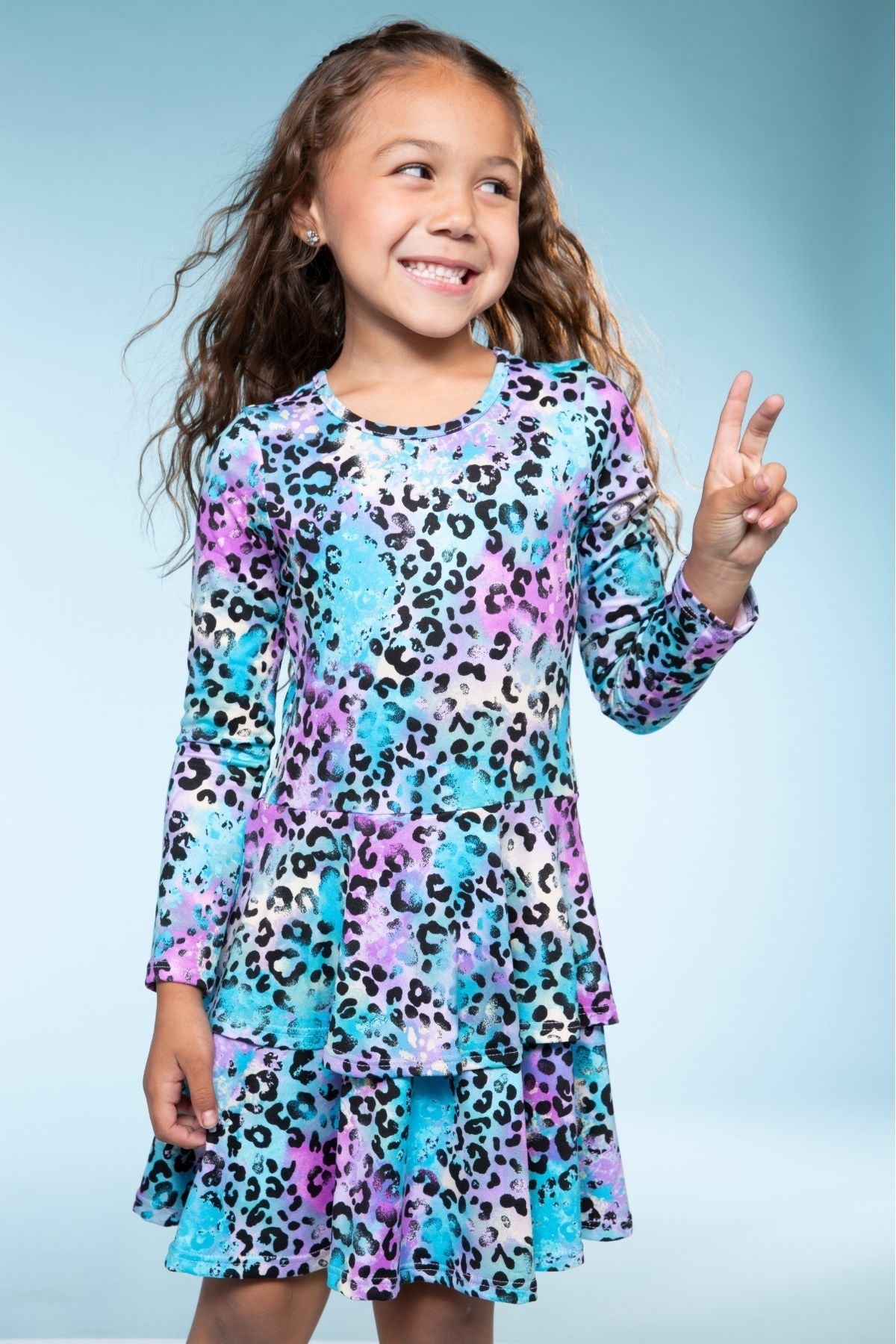 Simply Soft Long Sleeve Ruffle Skirt Dress - Black Rainbow Hearts