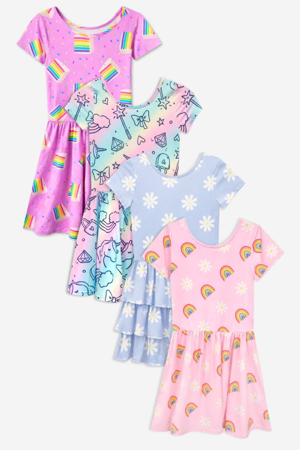 4-Pack Simply Soft Short Sleeve Dress - Pink Rainbow Gummy Bear | Lt Blue Neon Pink | Denim Leopard Splatter | Pink Strawberry Daisy