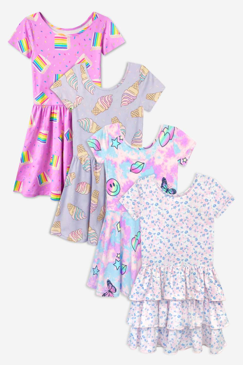 4-Pack Simply Soft Short Sleeve Dress - Pink Rainbow Gummy Bear | Lt Blue Neon Pink | Denim Leopard Splatter | Pink Strawberry Daisy