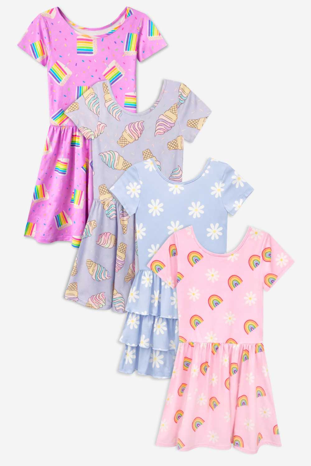 4-Pack Simply Soft Short Sleeve Dress - Pink Rainbow Gummy Bear | Lt Blue Neon Pink | Denim Leopard Splatter | Pink Strawberry Daisy