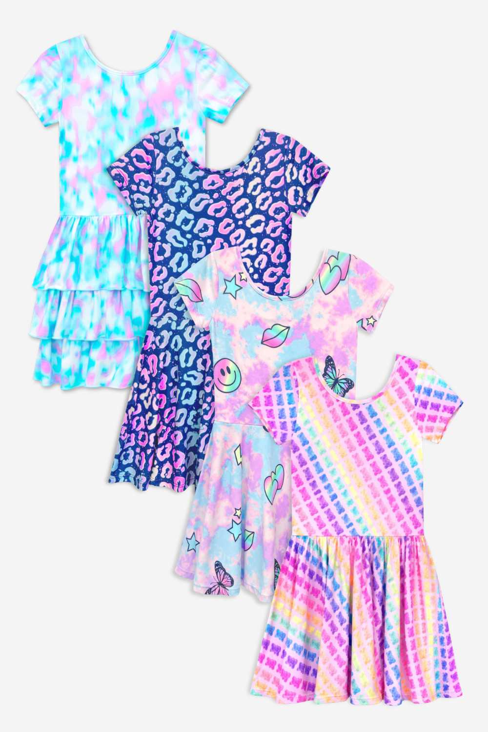 4-Pack Simply Soft Short Sleeve Dress - Pink Rainbow Gummy Bear | Lt Blue Neon Pink | Denim Leopard Splatter | Pink Strawberry Daisy