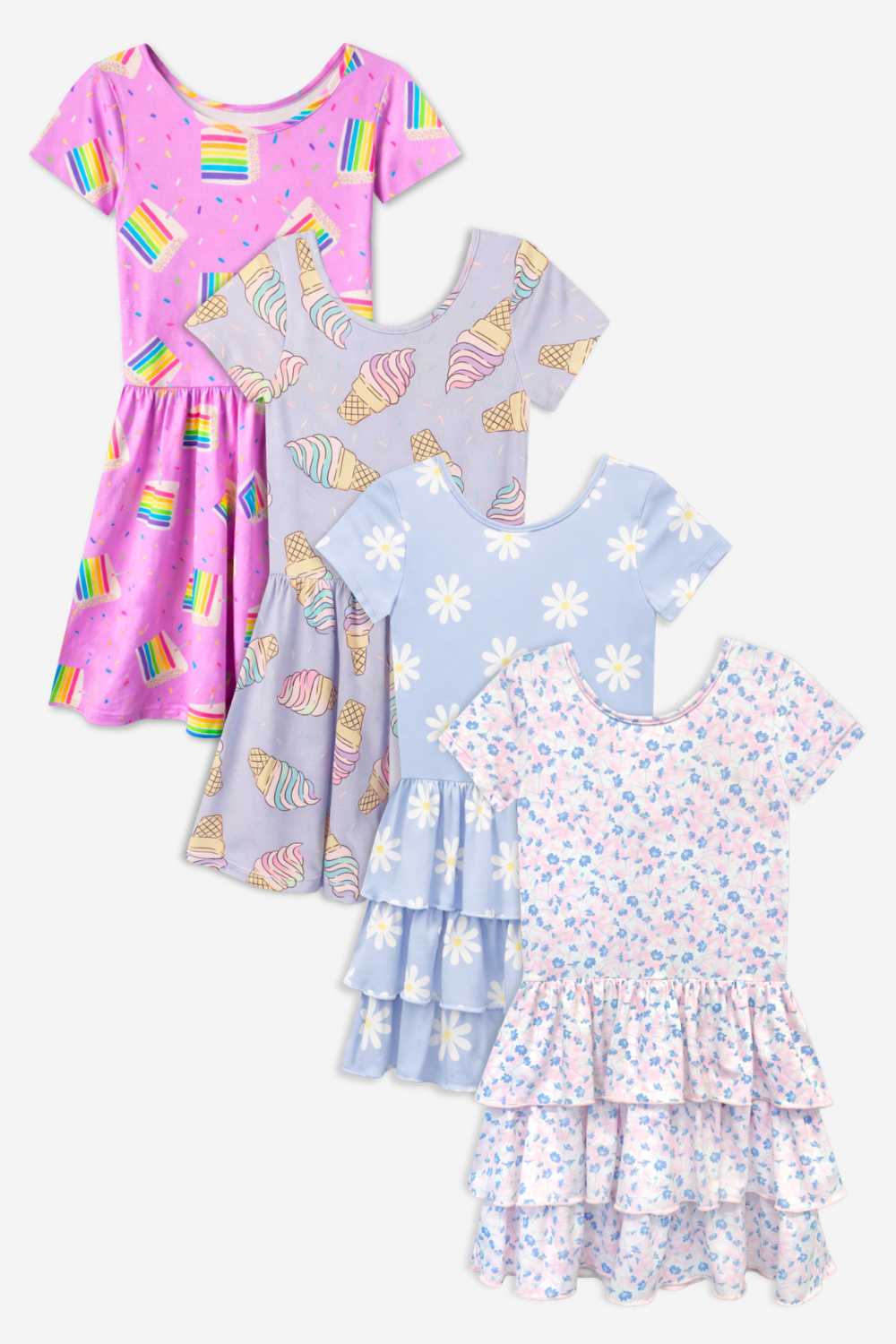 4-Pack Simply Soft Short Sleeve Dress - Pink Rainbow Gummy Bear | Lt Blue Neon Pink | Denim Leopard Splatter | Pink Strawberry Daisy