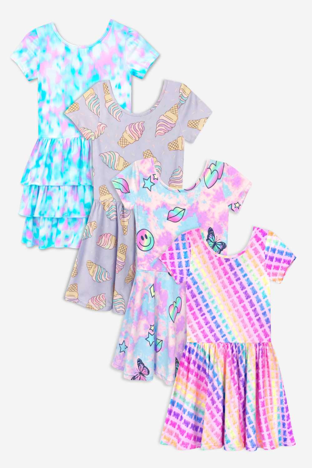 4-Pack Simply Soft Short Sleeve Dress - Pink Rainbow Gummy Bear | Lt Blue Neon Pink | Denim Leopard Splatter | Pink Strawberry Daisy