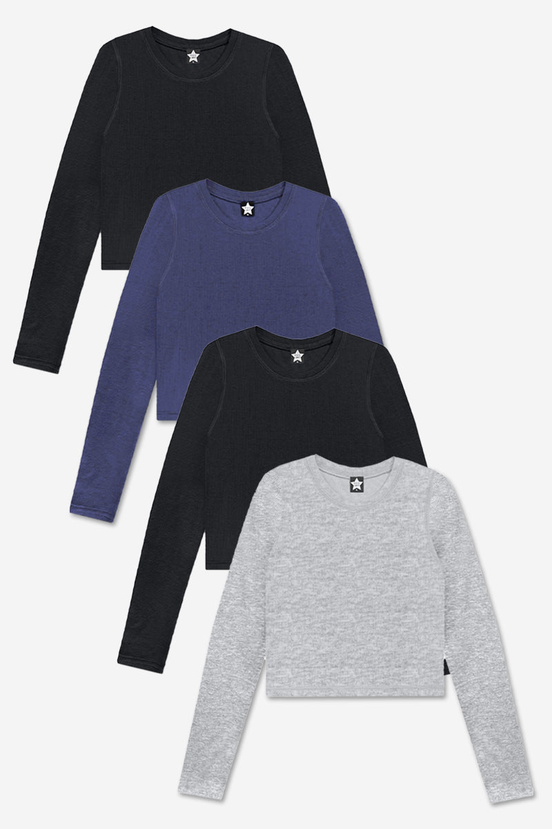 4-Pack Ultra-Soft Ribbed Fitted L/S Tee - Black (x2) | Light Ash Grey | Burgundy - NEW!