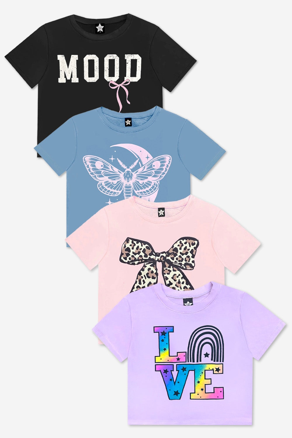 4-Pack Washed Cotton Drop Shoulder Tee - Lilac Denim Palm | Ivory Funfetti Palm | Pink Good Vibes Splatter Smile | Pink Strawberry Vibes