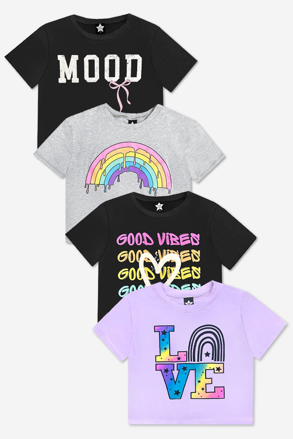 4-Pack Washed Cotton Drop Shoulder Tee - Lilac Denim Palm | Ivory Funfetti Palm | Pink Good Vibes Splatter Smile | Pink Strawberry Vibes