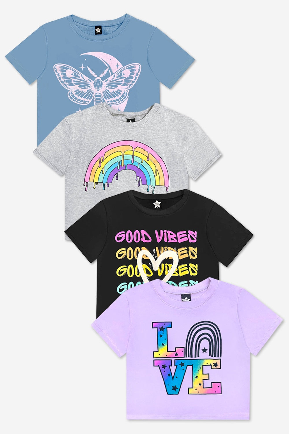 4-Pack Washed Cotton Drop Shoulder Tee - Lilac Denim Palm | Ivory Funfetti Palm | Pink Good Vibes Splatter Smile | Pink Strawberry Vibes