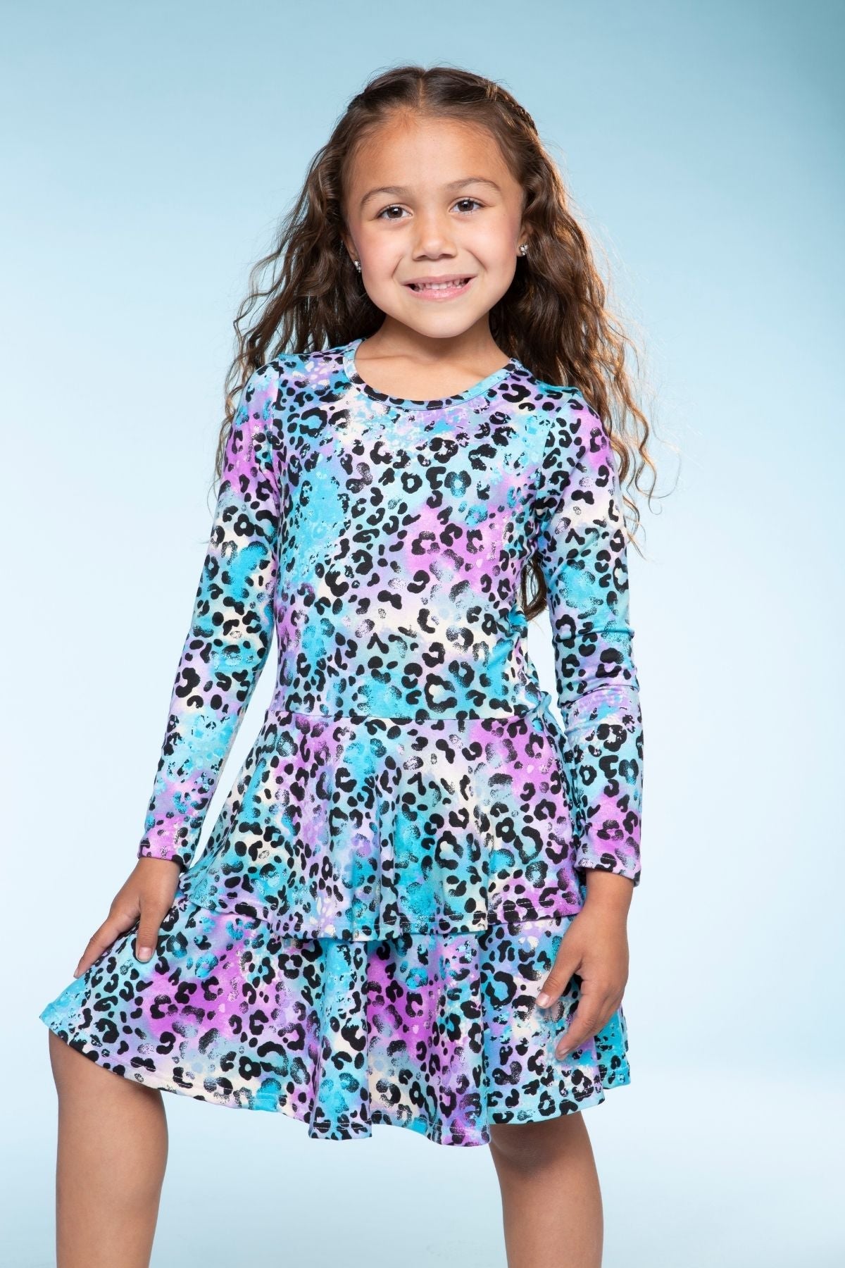 Simply Soft Long Sleeve Ruffle Skirt Dress - Black Rainbow Hearts