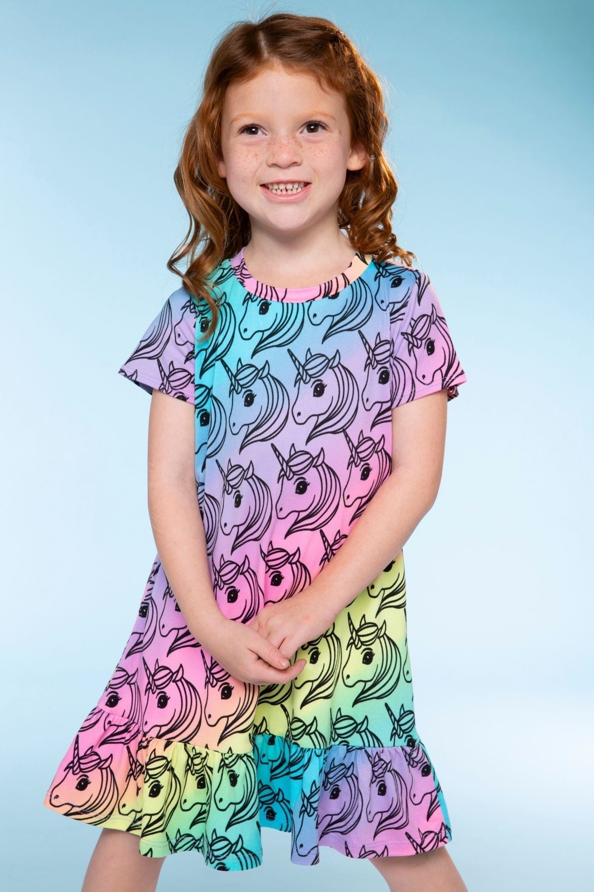 Simply Soft Short Sleeve Ruffle Lounge Dress - Pink Rainbow Bow Cherry - NEW