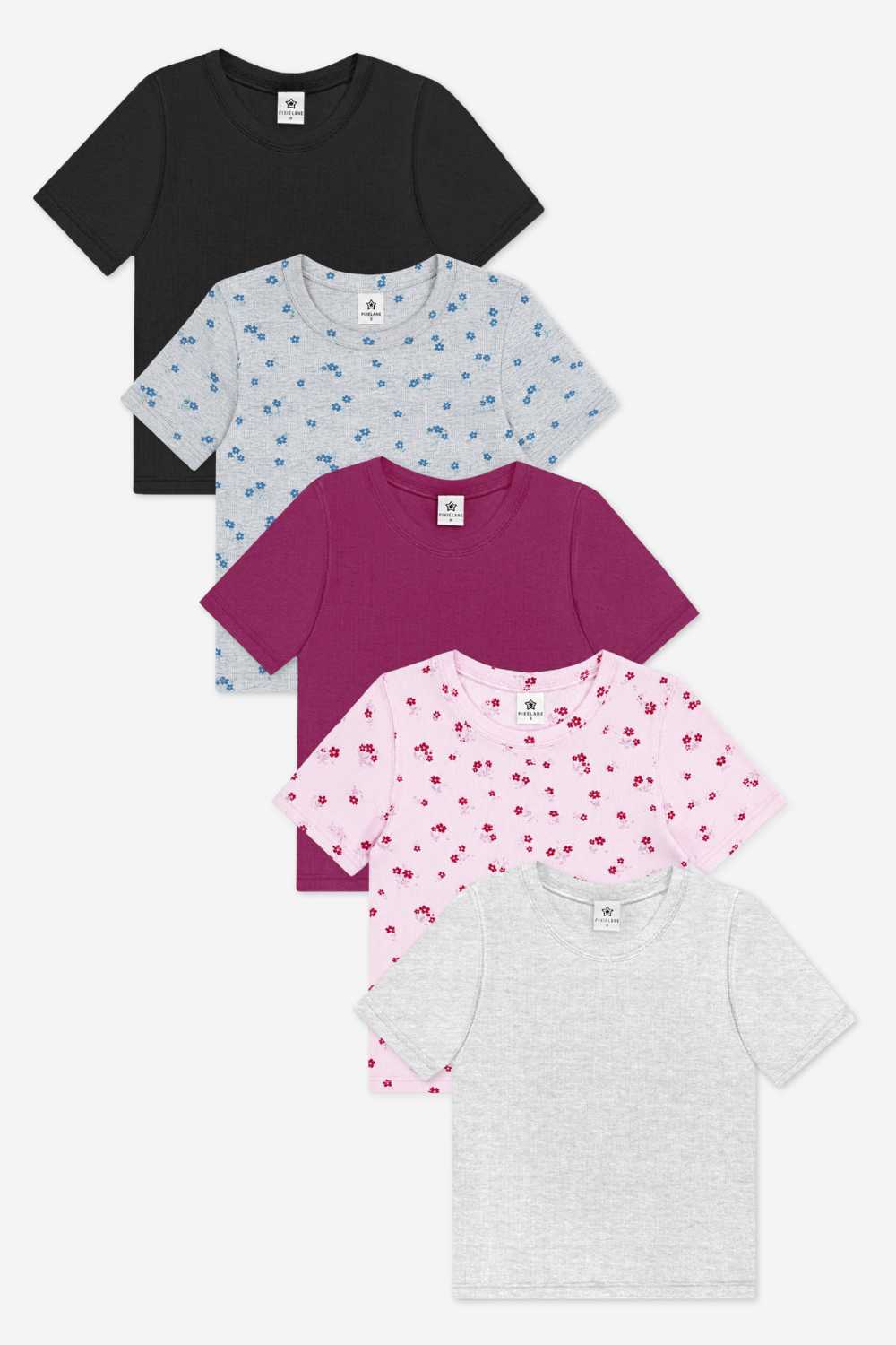 5-Pack Ultra-Soft Ribbed Fitted Tee - Black | H Grey Navy Floral | Burgundy | Pink Burgundy Floral | Light Ash Grey - NEW!