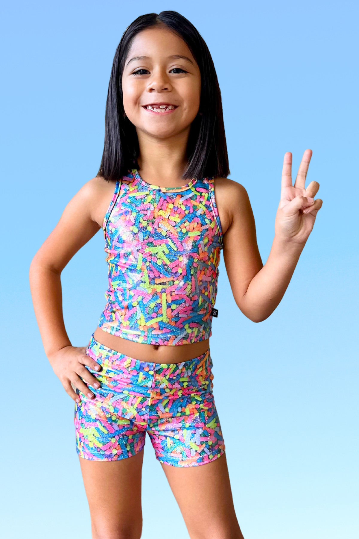 High Shine Cropped Racerback Tank & Tumble Short - Black Sparkle Rainbow Gummy Bear