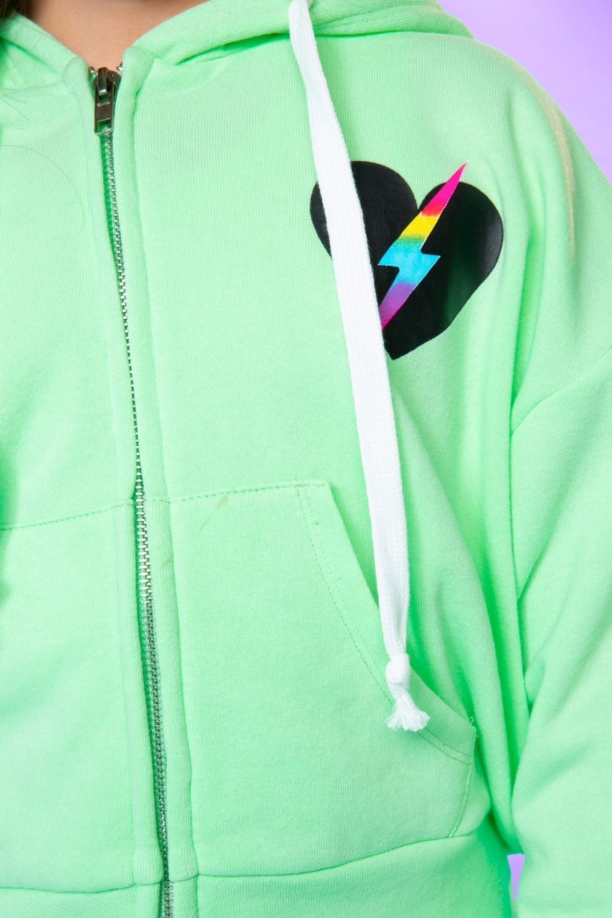 Cotton Soft French Terry Drop Shoulder Zip Hoodie - Neon Pink Heart