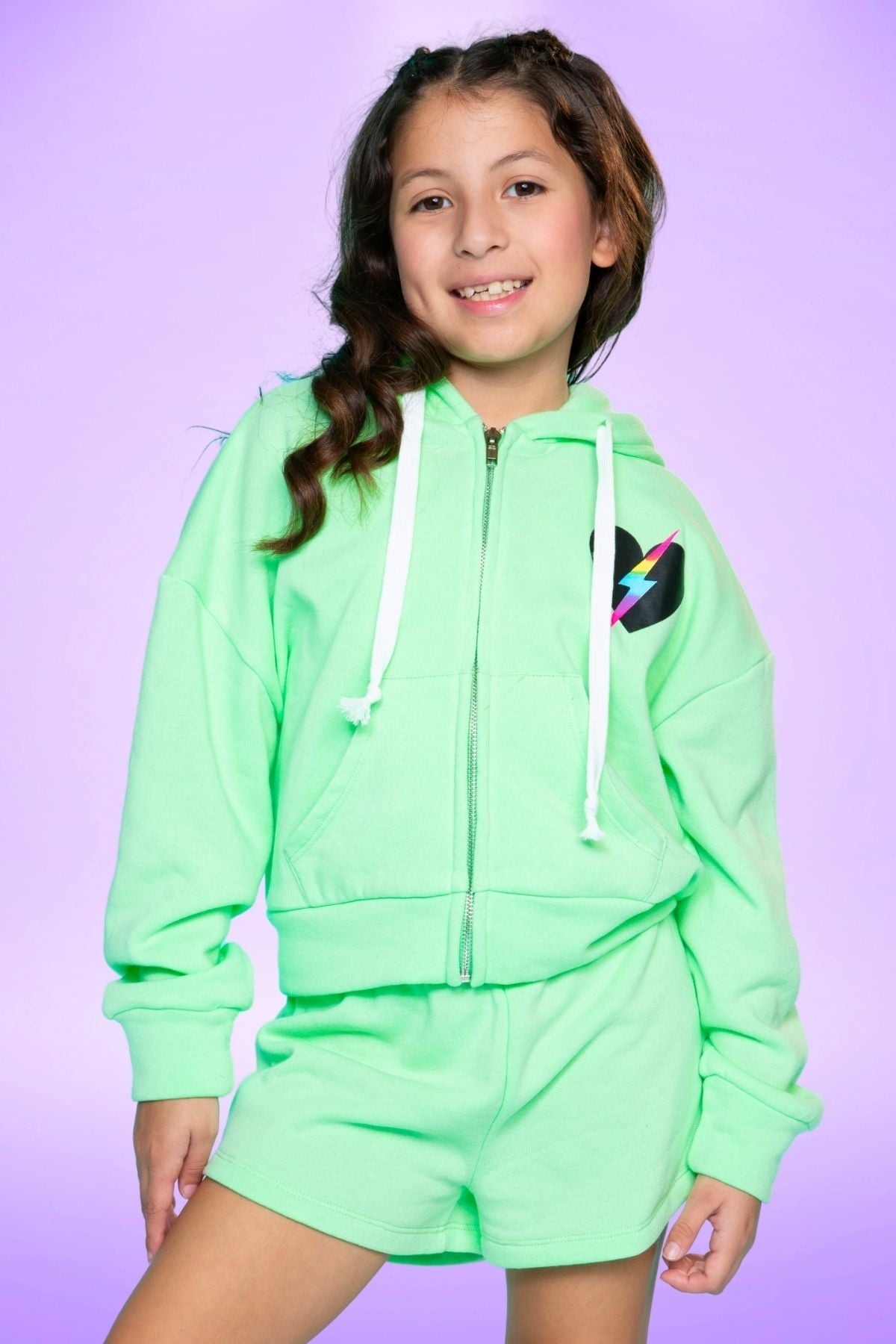 Cotton Soft French Terry Drop Shoulder Zip Hoodie - Neon Pink Heart